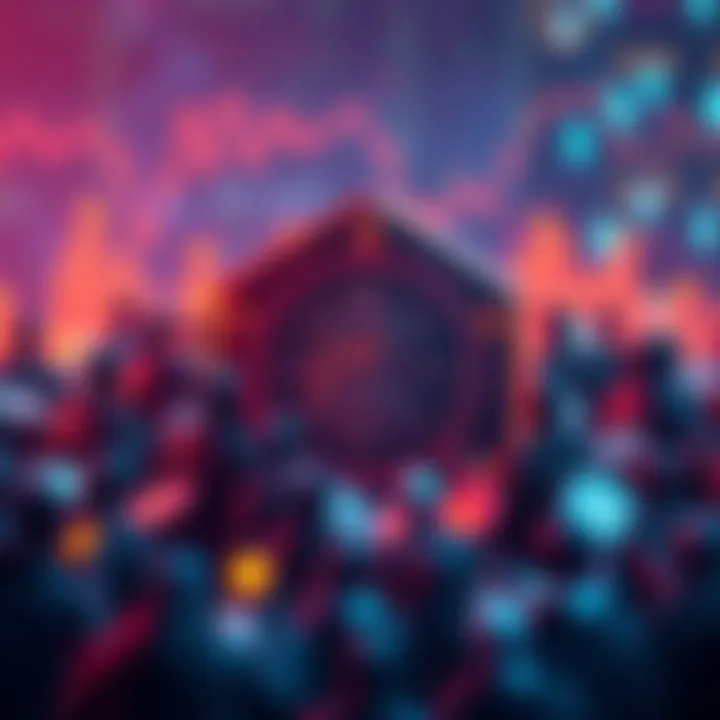 People gathering around digital currency graphics, symbolizing the strong demand for Kaspa.