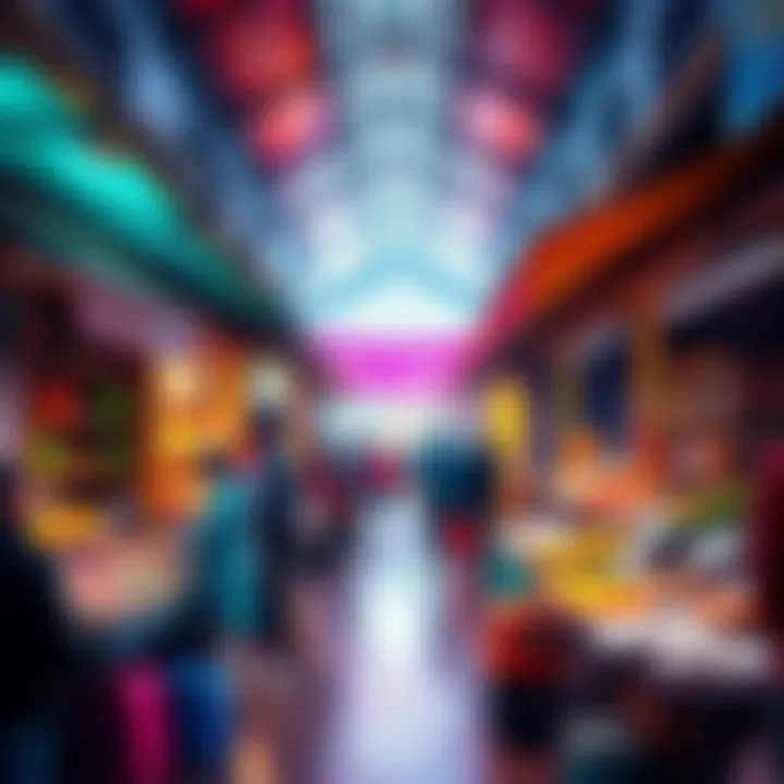 A vibrant marketplace scene with people buying and selling goods and services, showcasing job listings and Kaspa payments in action.