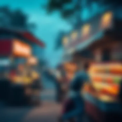 A vibrant market scene showcasing Kendu's coffee and energy drink stalls, with people engaging and enjoying products, illustrating community growth.