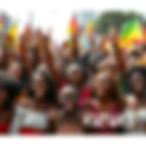 A group of diverse people joyfully celebrating together, showcasing their passion for Kendu memecoin, with colorful banners and symbols representing the Kendu culture.