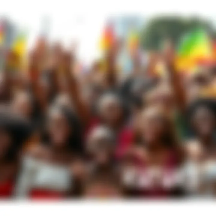 A group of diverse people joyfully celebrating together, showcasing their passion for Kendu memecoin, with colorful banners and symbols representing the Kendu culture.