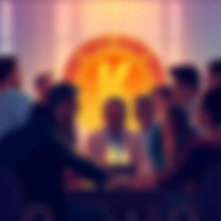 A diverse group of people engaging in discussions about the Kendu memecoin, showcasing community spirit and collaboration, with a digital representation of the Kendu token in the background.