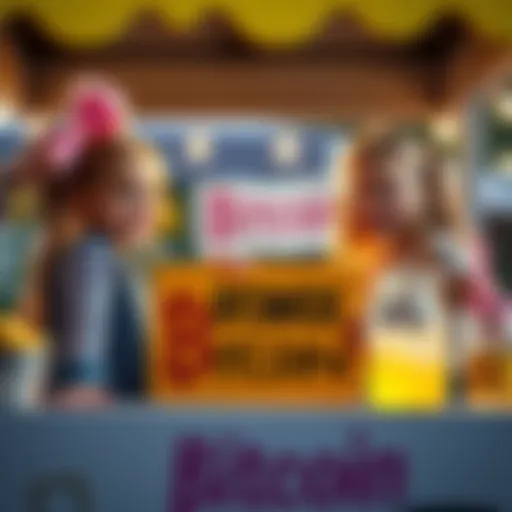 Two young girls at a lemonade stand with a sign promoting Bitcoin, smiling and serving drinks to customers.