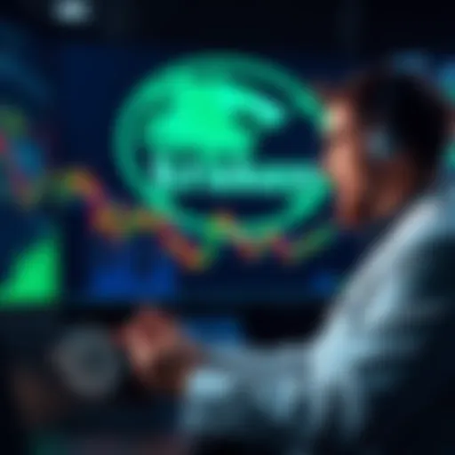 A financial analyst reviewing stock charts with Kraken's logo in the background, discussing investment options.