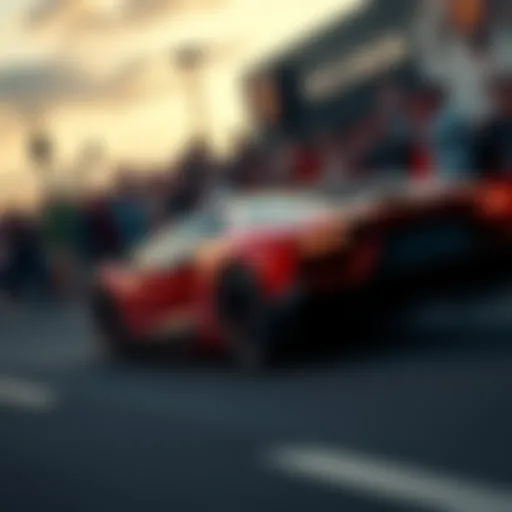 Car enthusiasts cheer as a bright Lamborghini speeds by, showcasing passion for luxury sports cars