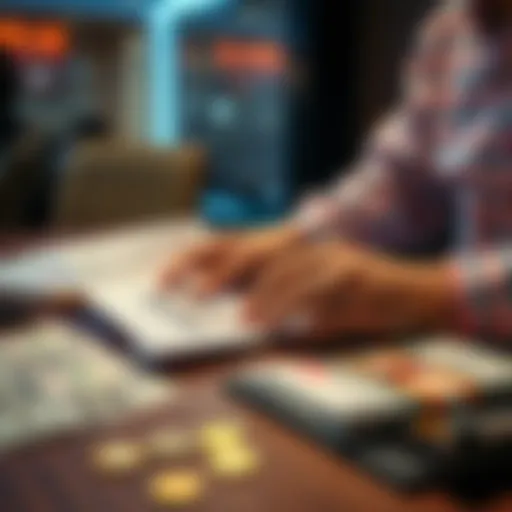 A person preparing a large money deposit with paperwork and cash on a table