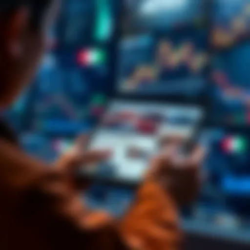 A person reading news on a tablet with graphs and news headlines in the background