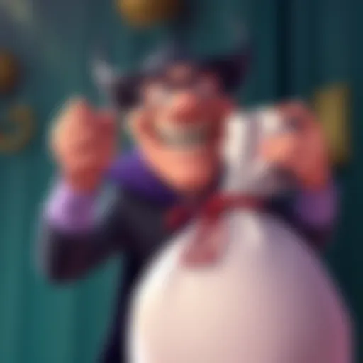 A cartoon villain laughing while holding a comically oversized bag of stolen goods, emphasizing the humor in mischievous deeds.