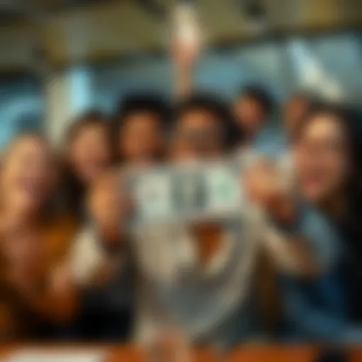 Group of people laughing together, holding up a dollar bill in a playful manner