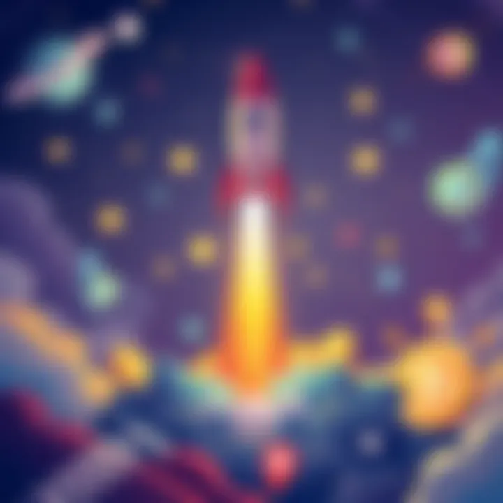 Illustration showing $GEOFF coin with a rocket launching and icons representing staking and community engagement.