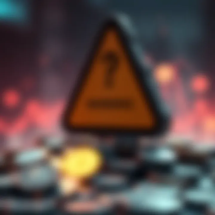 A warning sign with a question mark and a pile of coins, symbolizing potential scam risks with the Launch Bot by Bonk.