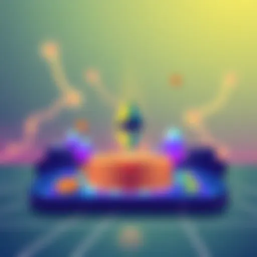 An illustration showing the launch of the $BOLD stablecoin on a digital platform, symbolizing Ethereum and DeFi with graphical elements like coins and blockchain icons.
