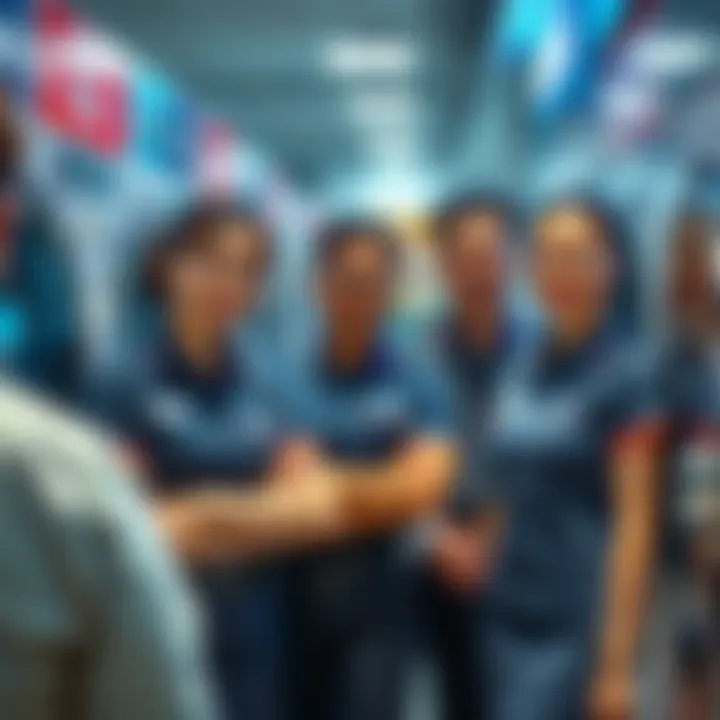 Laundry Express employees wearing stylish new uniforms, smiling and engaging with customers