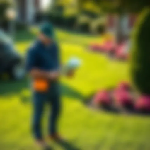 A lawn care professional standing beside a freshly mowed lawn, holding financial charts and graphs to showcase investment strategies.