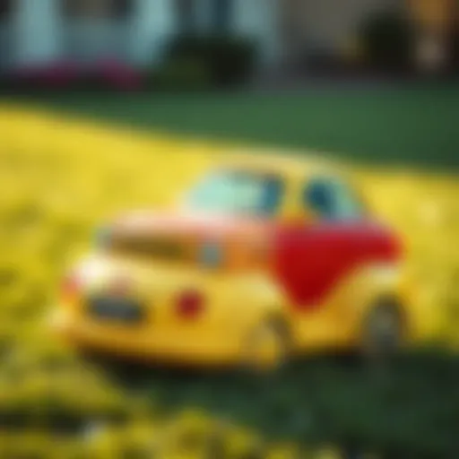 A unique car converted from a lawn ornament parked on a grassy area, showcasing its playful design.