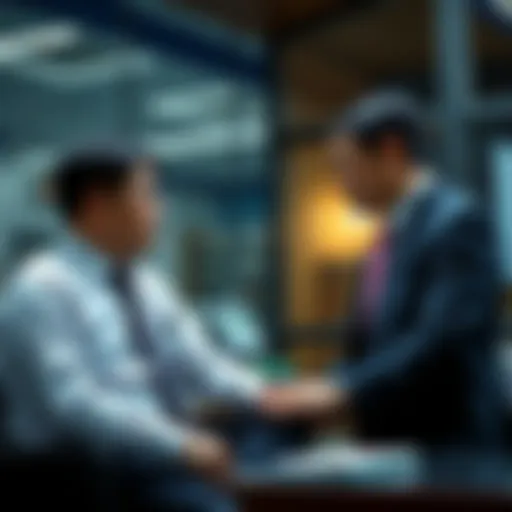 A lawyer discussing Bitcoin loss recovery with a concerned client in an office setting