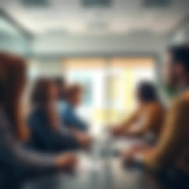 A group of diverse people discussing leadership strategies in a meeting room.