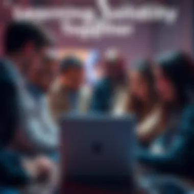 A diverse group of people collaborating around a laptop, discussing blockchain ideas and projects, showcasing teamwork in a Web3 environment.