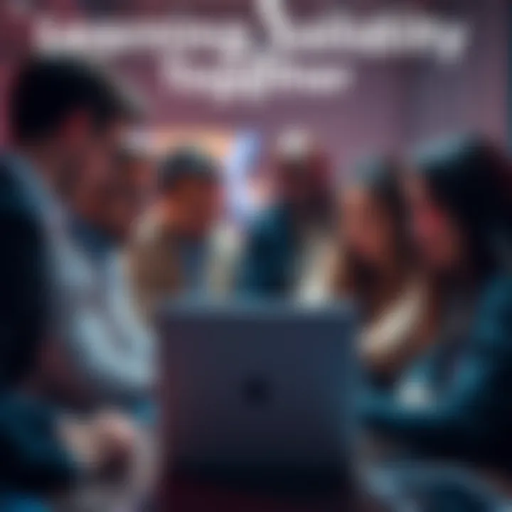 A diverse group of people collaborating around a laptop, discussing blockchain ideas and projects, showcasing teamwork in a Web3 environment.