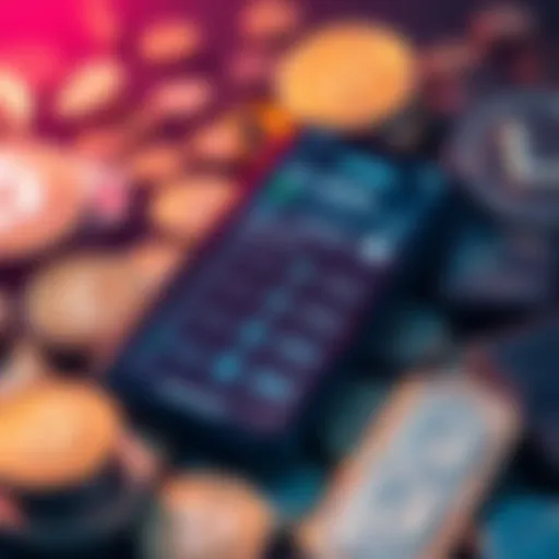 A close-up of a smartphone showing the Ledger Live app with large cryptocurrency balances on the screen, surrounded by coins and digital wallets