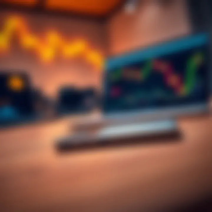 A Ledger Nano hardware wallet placed on a wooden desk with a laptop and cryptocurrency charts in the background