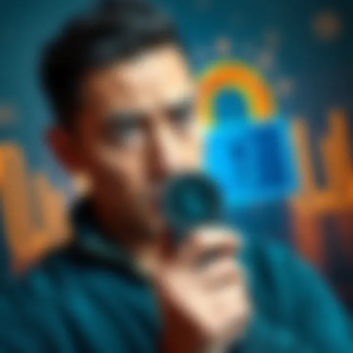 Person looking worried while holding a Ledger device with a padlock illustration in the background