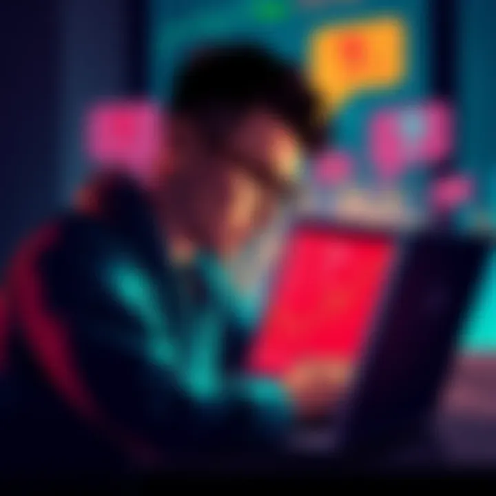 A concerned person looking at a laptop displaying cryptocurrency data, surrounded by discussion bubbles from forums.