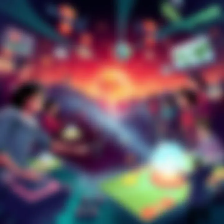 A vibrant illustration showing a diverse group of people making choices in a game-like environment, with elements representing civilization and technology around them.