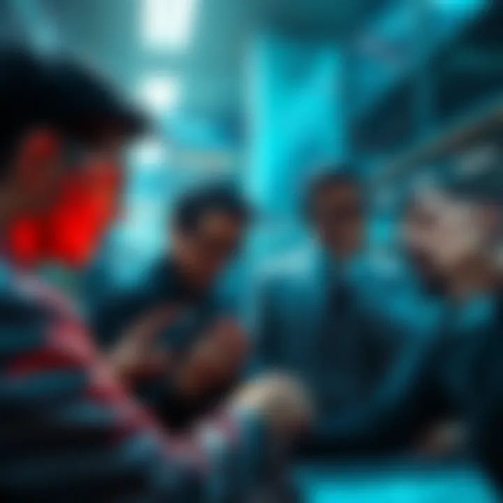 A visual representation of financial loss in the Atom market, showing stressed individuals looking at declining charts and empty wallets, reflecting the turmoil of liquidation.
