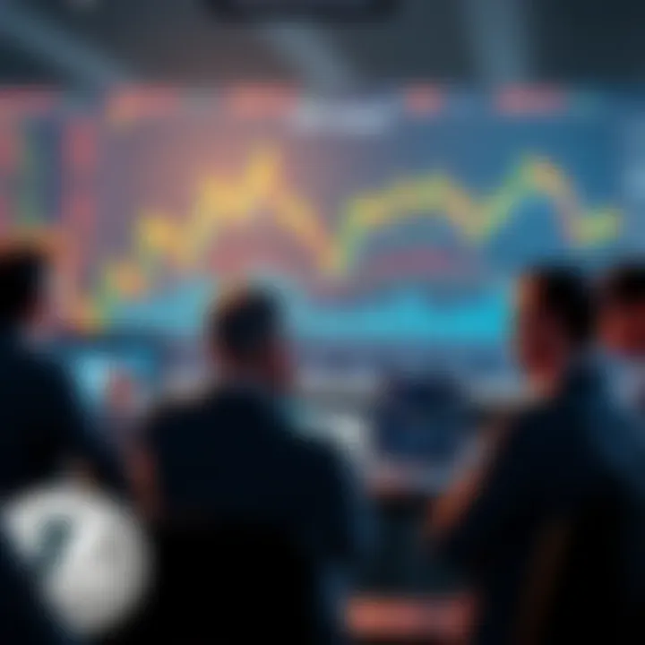 Group of traders discussing Litecoin strategies with charts and graphs in the background