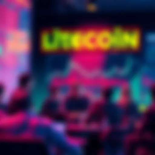 A group of people discussing Litecoin trading strategies and market trends with charts and graphs displayed.