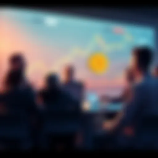 People engaging in a discussion about Litecoin trading with charts and graphs displayed