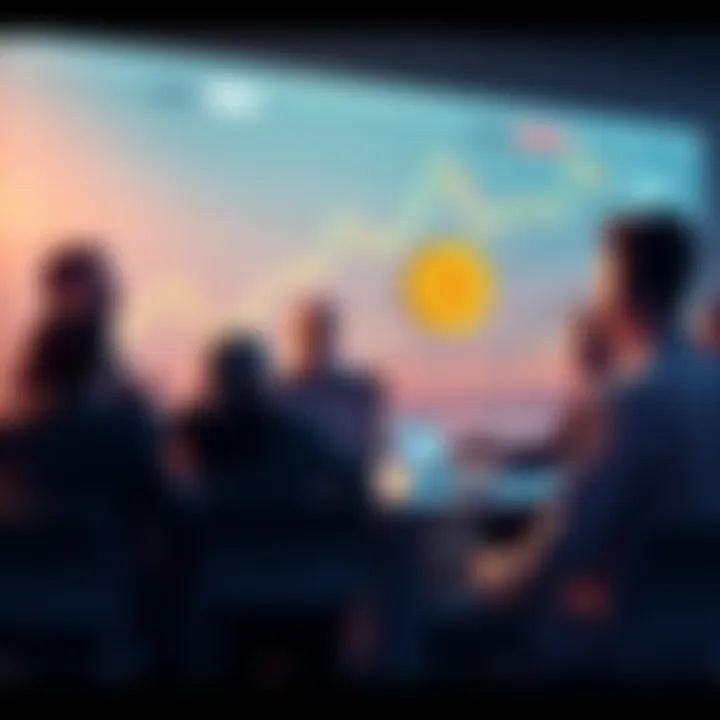 People engaging in a discussion about Litecoin trading with charts and graphs displayed