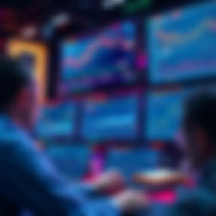 Traders discussing Litecoin market movements with charts and graphs on screens
