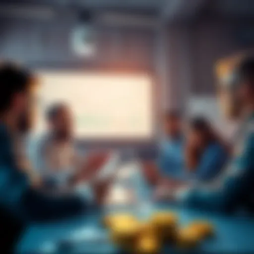 Group of people discussing Litecoin trading strategies with charts and laptops