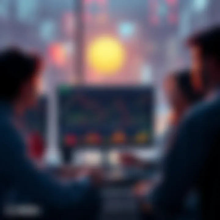 People discussing Litecoin markets with charts and graphs on a computer screen