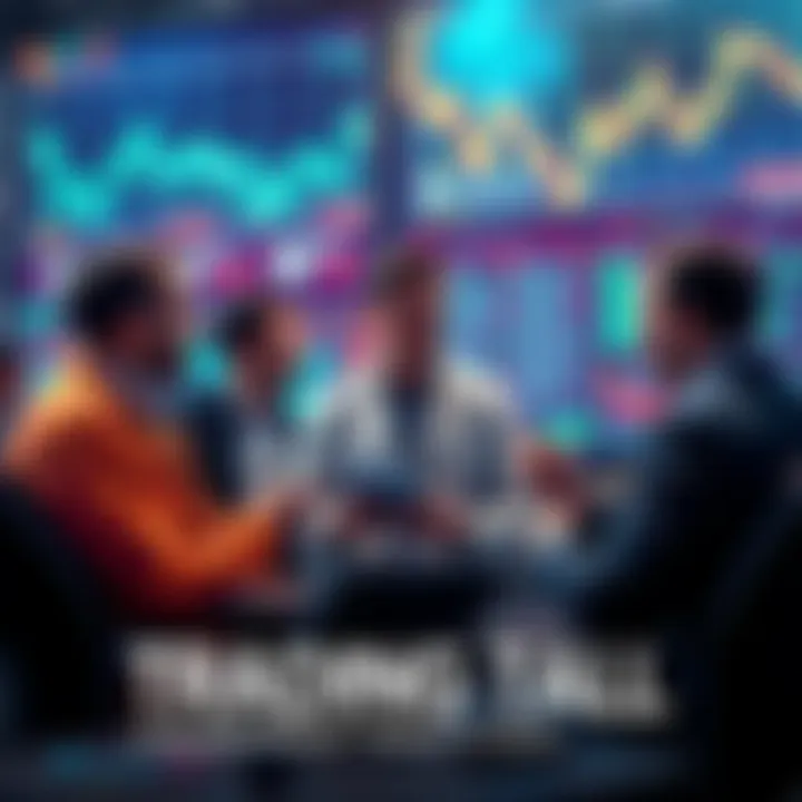 Traders sharing insights on Litecoin market strategies, with charts and graphs in the background