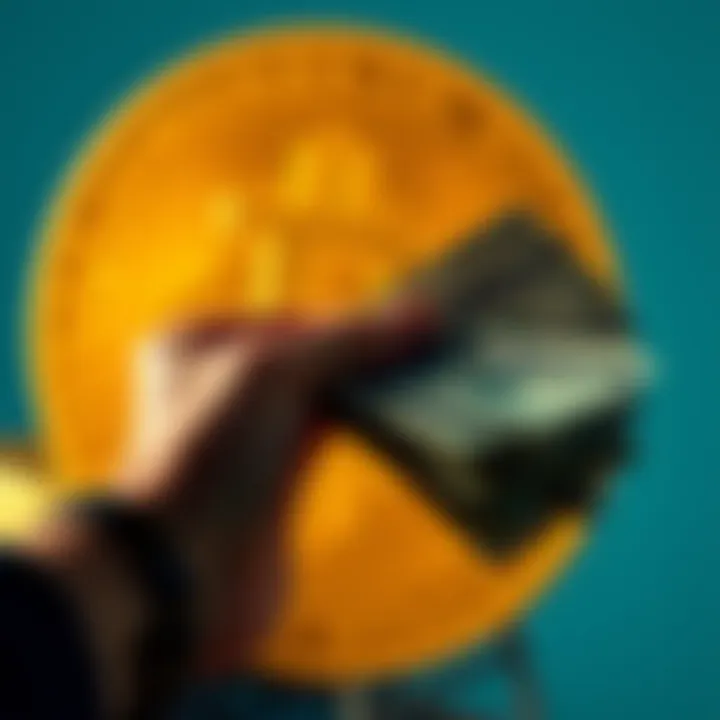 A person holding cash with a Bitcoin logo in the background, symbolizing a recent loan taken to invest in cryptocurrency