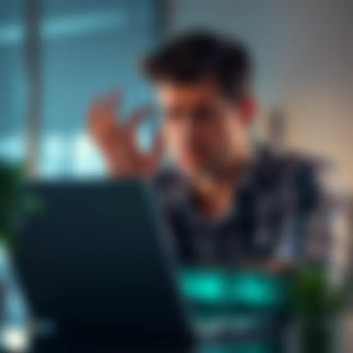 A frustrated customer looking at their locked Coinbase account on a laptop, expressing concern about their funds