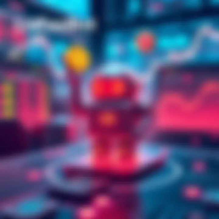 A digital representation of a trading bot named LoFeeBot, connected to the Solana network, showcasing low transaction fees with icons of minting, liquidity, and token burning.