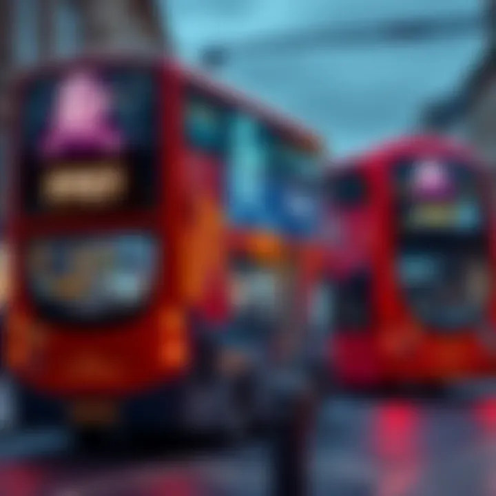 Buses in London displaying FET technology on screens as part of city integration for public transport