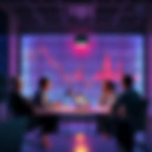 A group of people discussing strategies in a modern office with charts and graphs in the background, highlighting crypto market resilience.