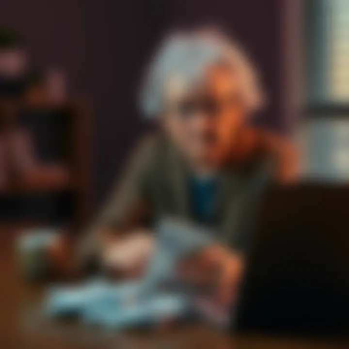 A worried senior woman sitting at a table with bills and a laptop, showing signs of distress over financial loss
