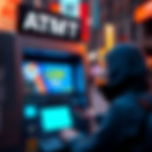 A person using a crypto ATM in New York City with a low fee display on the screen.