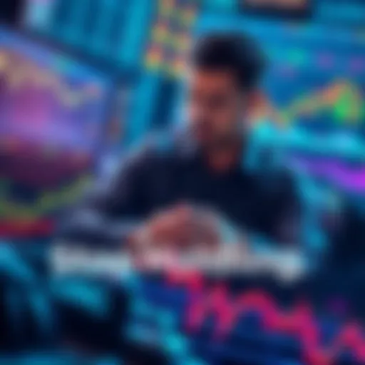 A graphic showing a person actively trading LUNC with charts and graphs around, symbolizing market activity.