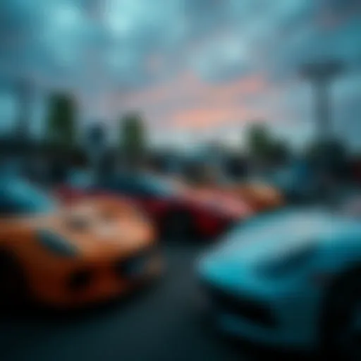 Group of car enthusiasts showcasing luxury cars at a community gathering