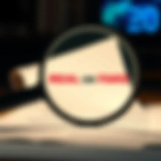 A close-up view of a magnifying glass examining a document, symbolizing the search for authenticity in real and fake items.