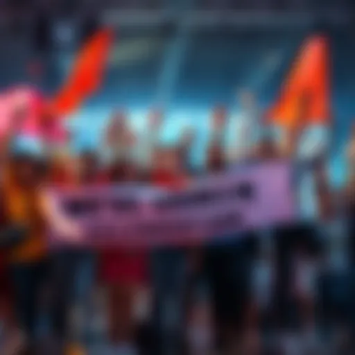 A group of diverse people celebrating a significant milestone with enthusiasm and joy, holding banners that signify achievement and progress.