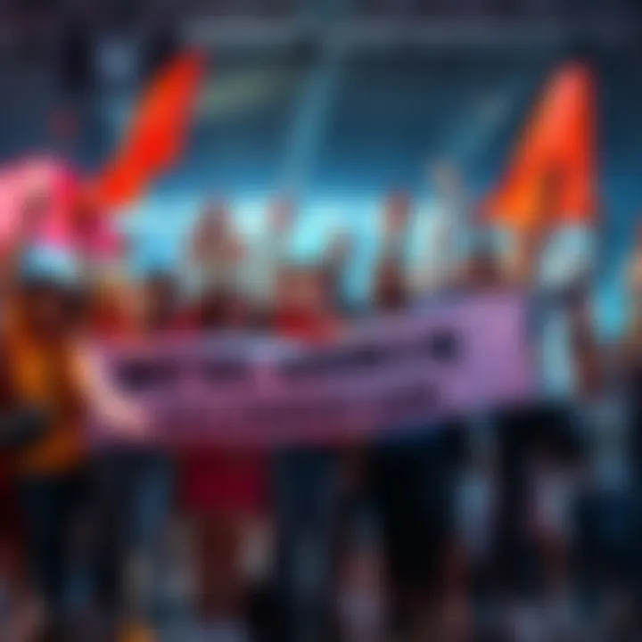 A group of diverse people celebrating a significant milestone with enthusiasm and joy, holding banners that signify achievement and progress.