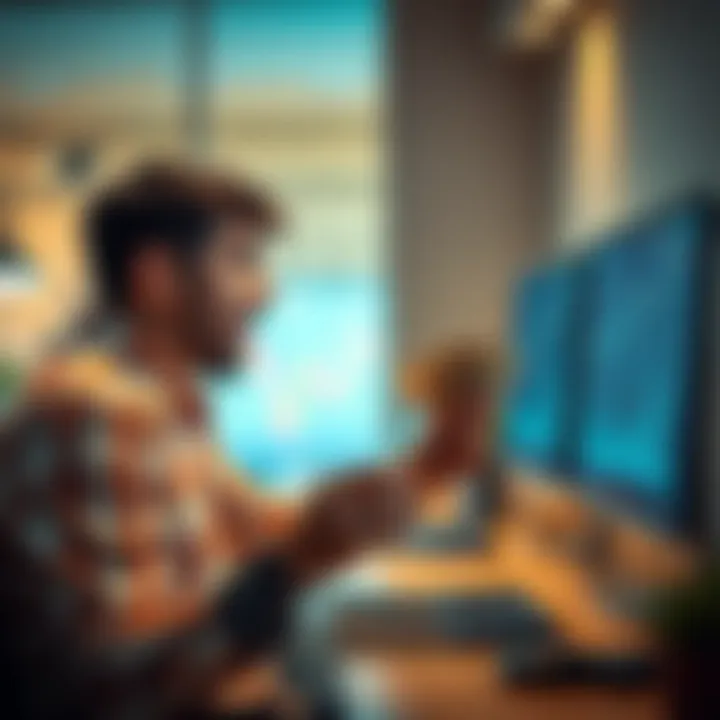 A man excitedly looking at a computer screen displaying cryptocurrency prices, with cash in hand, symbolizing his bold bet on Ergo.